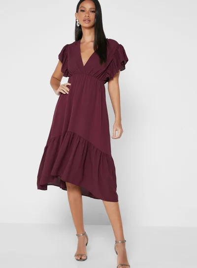 John Zack Ruffle Detail V-Neck Dress