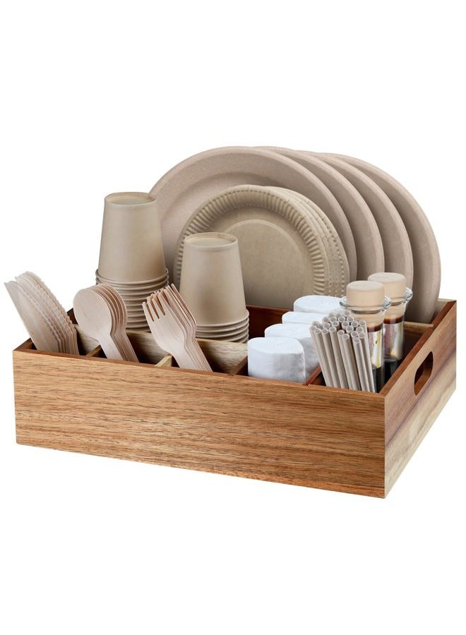 BOTOP Acacia Wood Utensil Holder for Party, Paper Plate Organizer Silverware Caddy with 6 Compartments for Plate, Cup, Fork, Spoon, Cutlery Holder Countertop for Kitchen Camping Buffet - Image 1