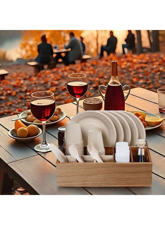 BOTOP Acacia Wood Utensil Holder for Party, Paper Plate Organizer Silverware Caddy with 6 Compartments for Plate, Cup, Fork, Spoon, Cutlery Holder Countertop for Kitchen Camping Buffet - Image 2