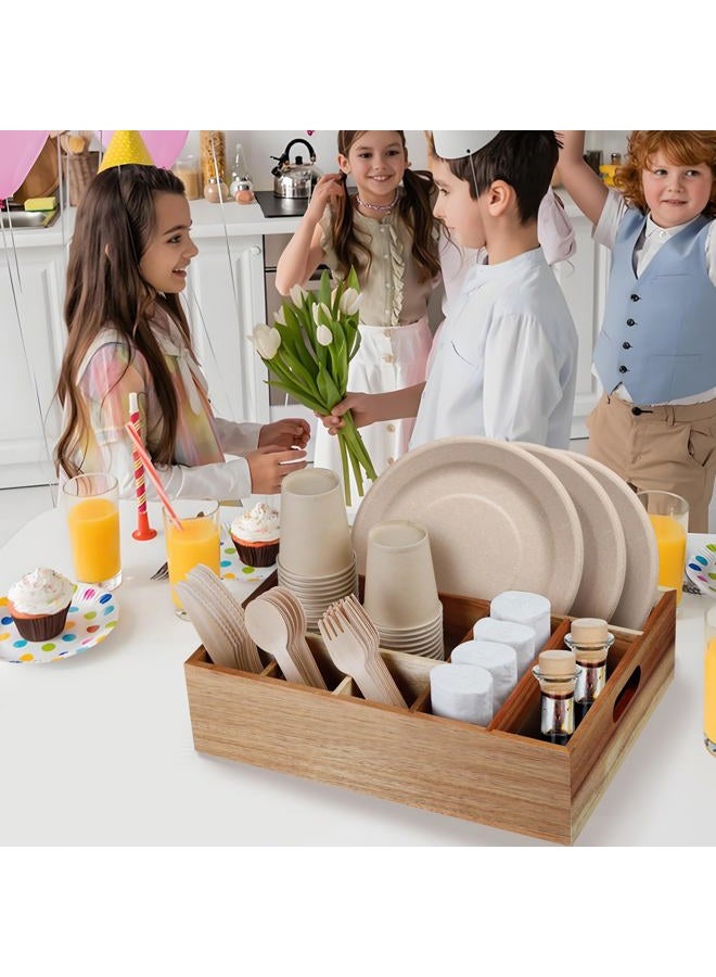 BOTOP Acacia Wood Utensil Holder for Party, Paper Plate Organizer Silverware Caddy with 6 Compartments for Plate, Cup, Fork, Spoon, Cutlery Holder Countertop for Kitchen Camping Buffet - Image 5