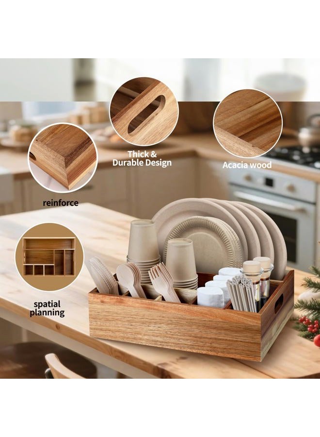 BOTOP Acacia Wood Utensil Holder for Party, Paper Plate Organizer Silverware Caddy with 6 Compartments for Plate, Cup, Fork, Spoon, Cutlery Holder Countertop for Kitchen Camping Buffet - Image 4
