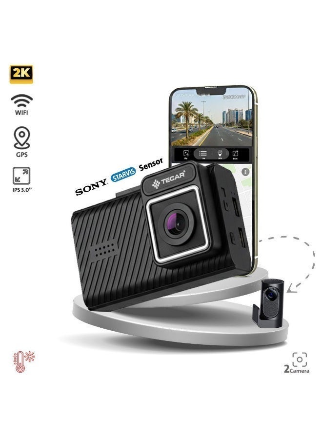 Tecar TE-D232 Dash Cam 2K - Dual Cameras with WiFi Tracking, 24-Hour Recording, and Mobile App - Image 1