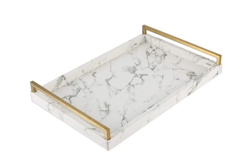 WV 178  118 White PU Leather Marble Finish Decorative Tray Serving Tray with Brushed Gold Handle for Coffee Table Console Table Ottoman