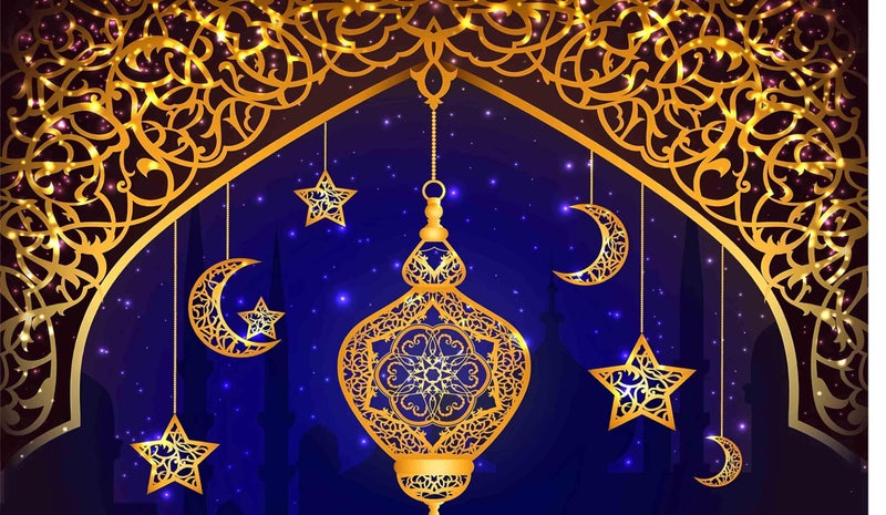 Backdropon Muslim Ramadan Kareem Mosque Silhouette Moon Stars Lanterns Eid Mubarak Islamic Pray Arabian Nights Party Decorations Background Curtain Cloth Size 5Feet Height & 8Feet Width(5 * 8) - Image 5