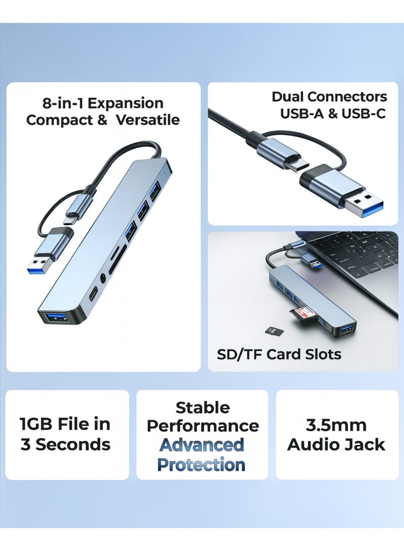 أركس محول هاب USB-C ‏8 في 1 بمقبس مزدوج USB-A وUSB-C – متعدد المنافذ بسرعة نقل 5 جيجابت/ثانية، قارئ بطاقات SD وTF، ومنفذ صوت للابتوب وماك بوك والهواتف وأندرويد - Image 2