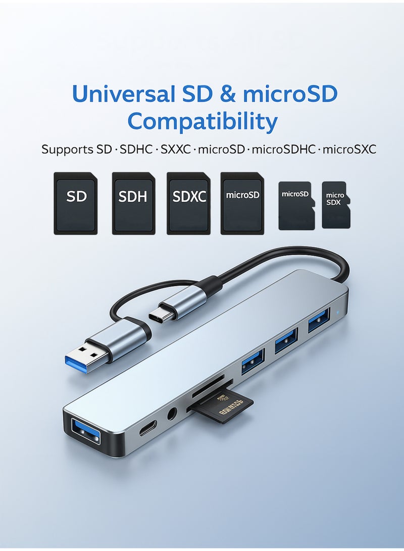 أركس محول هاب USB-C ‏8 في 1 بمقبس مزدوج USB-A وUSB-C – متعدد المنافذ بسرعة نقل 5 جيجابت/ثانية، قارئ بطاقات SD وTF، ومنفذ صوت للابتوب وماك بوك والهواتف وأندرويد - Image 3