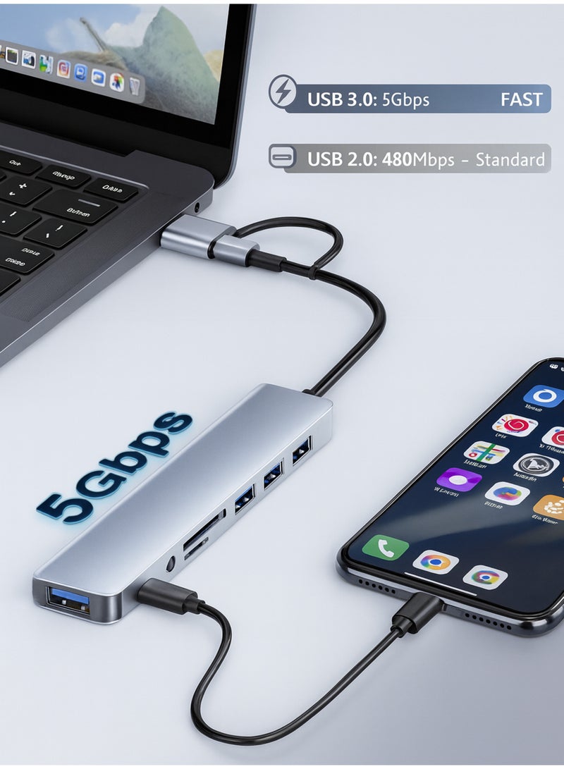 أركس محول هاب USB-C ‏8 في 1 بمقبس مزدوج USB-A وUSB-C – متعدد المنافذ بسرعة نقل 5 جيجابت/ثانية، قارئ بطاقات SD وTF، ومنفذ صوت للابتوب وماك بوك والهواتف وأندرويد - Image 4