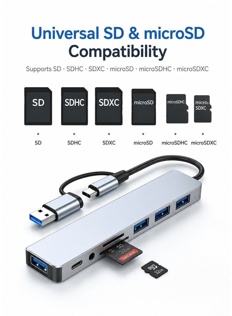 أركس محول هاب USB-C ‏8 في 1 بمقبس مزدوج USB-A وUSB-C – متعدد المنافذ بسرعة نقل 5 جيجابت/ثانية، قارئ بطاقات SD وTF، ومنفذ صوت للابتوب وماك بوك والهواتف وأندرويد - Image 3
