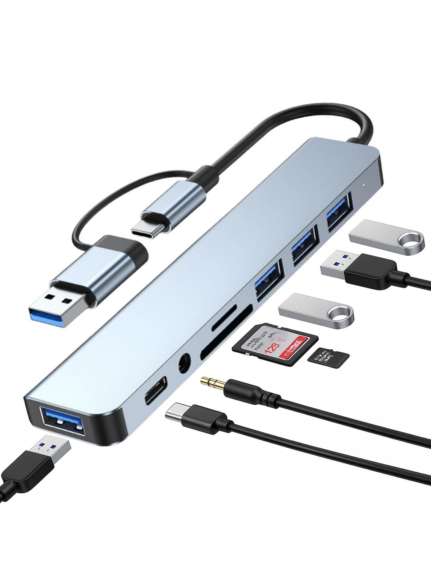 8-in-1 USB C Hub Adapter Dual Connector USB A & USB C - 5Gbps Multiport SD TF Card Reader Audio Jack for Laptop MacBook Phone Android