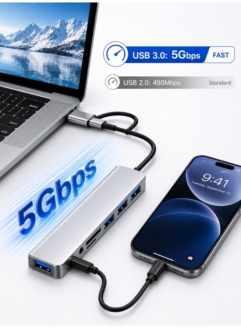 أركس محول هاب USB-C ‏8 في 1 بمقبس مزدوج USB-A وUSB-C – متعدد المنافذ بسرعة نقل 5 جيجابت/ثانية، قارئ بطاقات SD وTF، ومنفذ صوت للابتوب وماك بوك والهواتف وأندرويد - Image 4