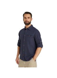 Outventure Dark Blue Shirt – Stylish, Breathable Cotton-Linen Blend with Straight Cut and Roll-Up Sleeves for Active Men
