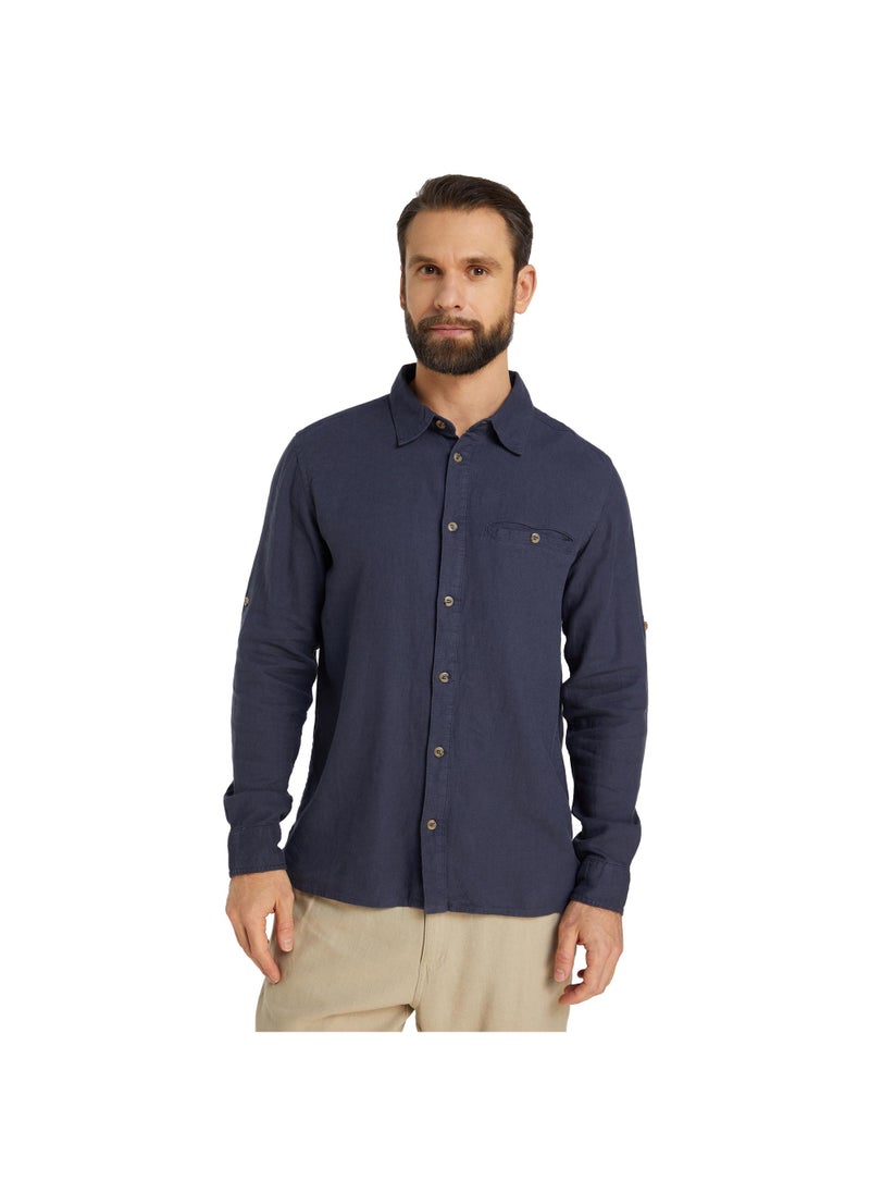 Outventure - Outventure Dark Blue Shirt – Stylish, Breathable Cotton-Linen Blend with Straight Cut and Roll-Up Sleeves for Active Men - Image 1