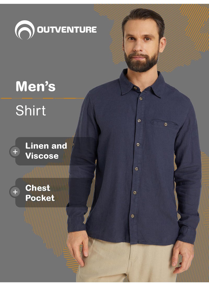 Outventure - Outventure Dark Blue Shirt – Stylish, Breathable Cotton-Linen Blend with Straight Cut and Roll-Up Sleeves for Active Men - Image 1