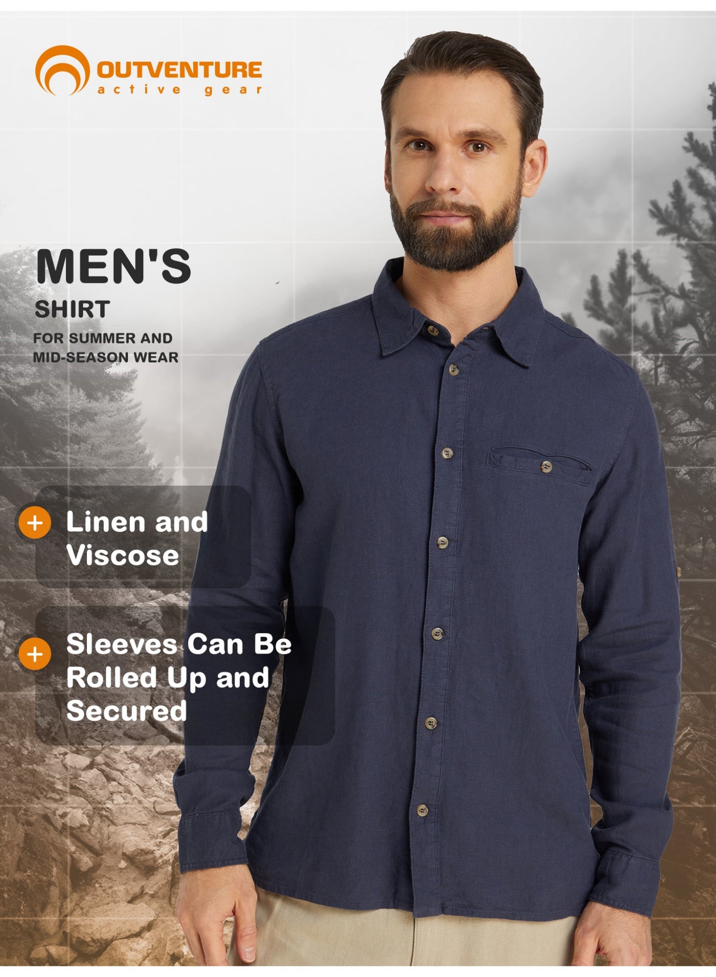 Outventure Dark Blue Shirt – Stylish, Breathable 55% flax, 45% viscose with Straight Cut and Roll-Up Sleeves for Active Men image 3