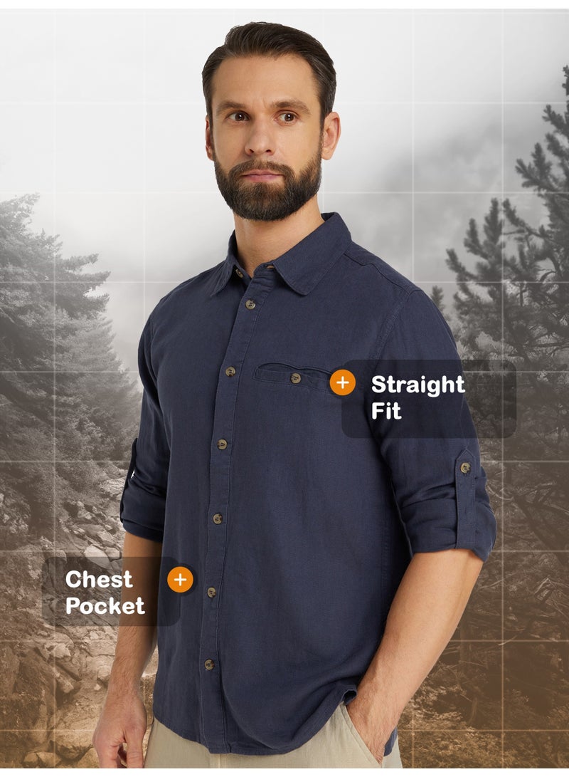 Outventure Dark Blue Shirt – Stylish, Breathable 55% flax, 45% viscose with Straight Cut and Roll-Up Sleeves for Active Men - Image 3