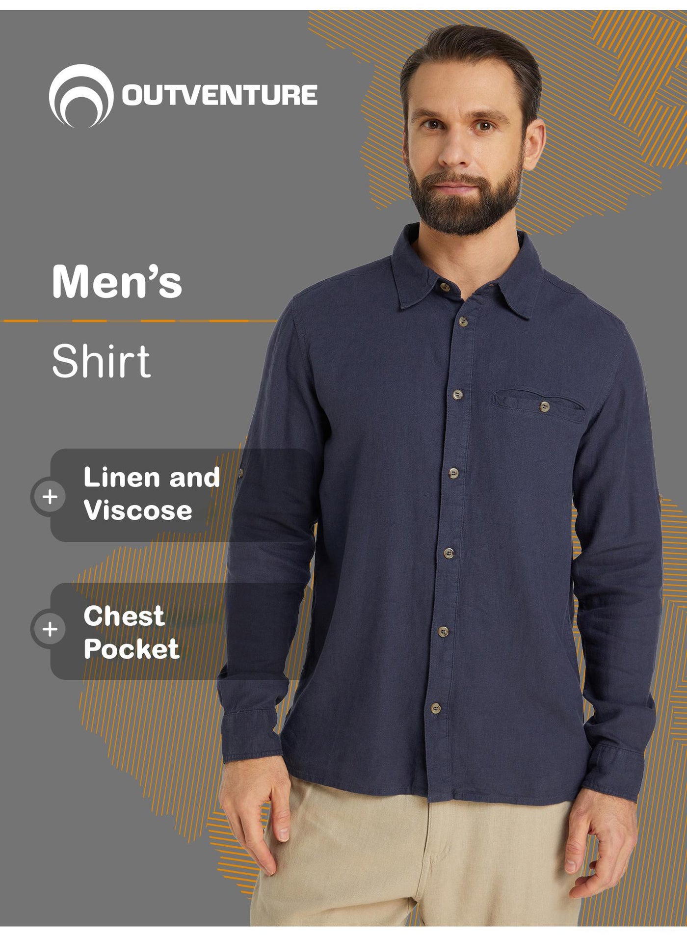 Outventure Dark Blue Shirt – Stylish, Breathable 55% flax, 45% viscose with Straight Cut and Roll-Up Sleeves for Active Men image 6