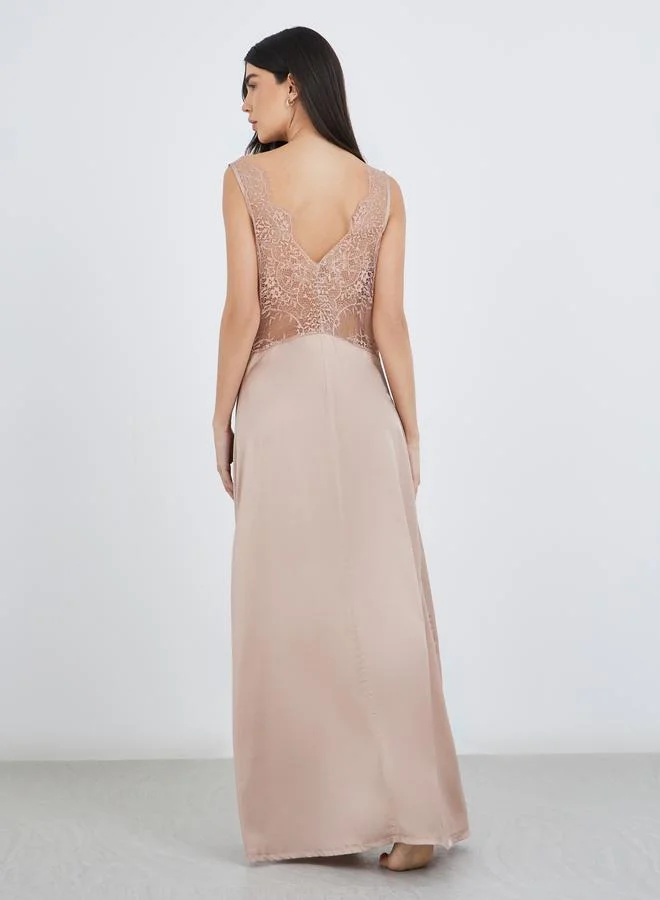 Styli Satin Cowl Neck Back Lace Detail Slip Dress