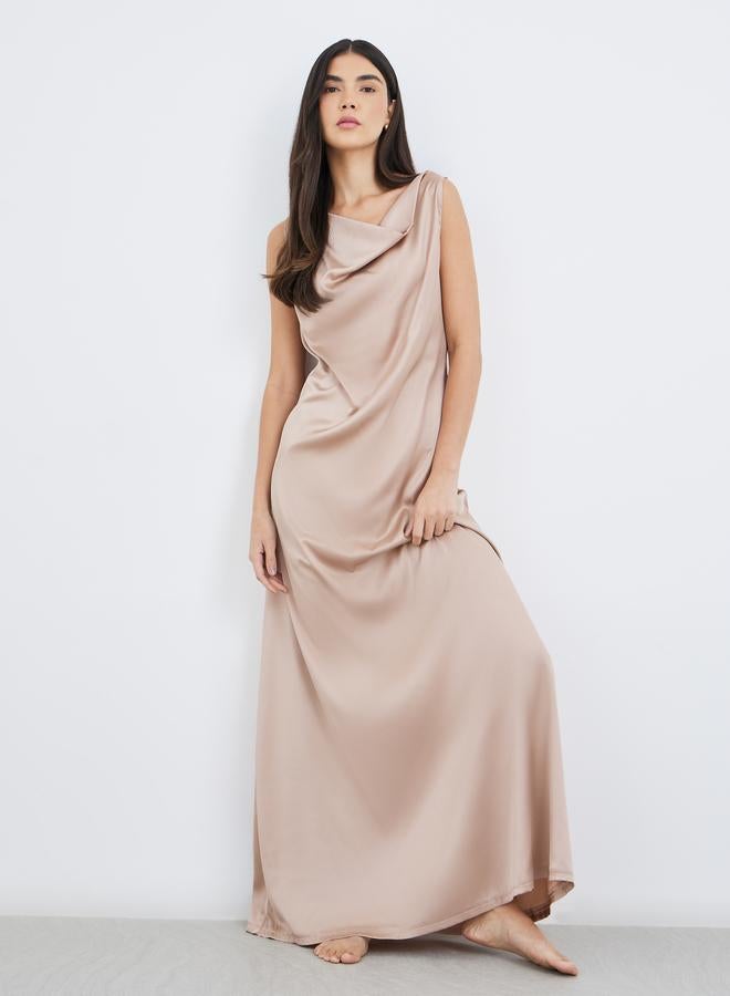 Styli Satin Cowl Neck Back Lace Detail Slip Dress - Image 1