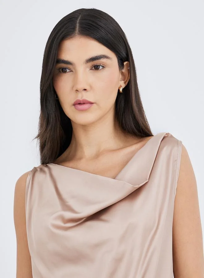 Styli Satin Cowl Neck Back Lace Detail Slip Dress