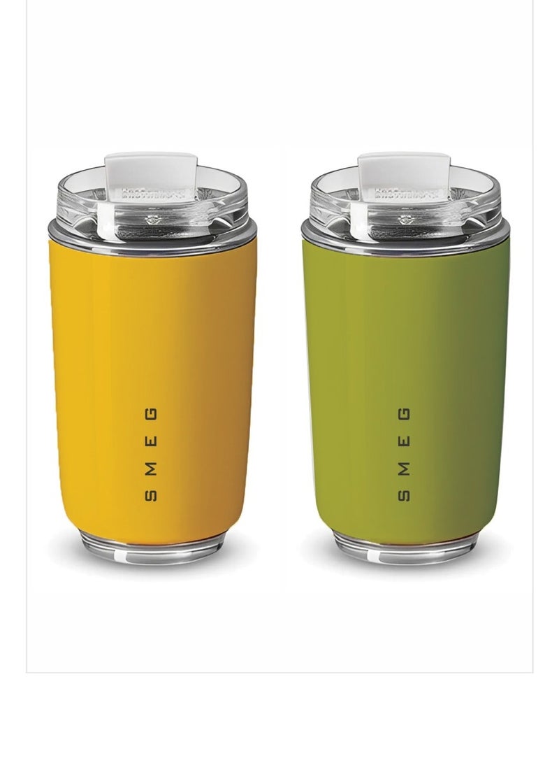 smeg Travel Mug, Insulated Coffee Tumbler, Leak Proof Stainless Steel Thermal Reusable Coffee Cup, Lightweight And Portable Drink Container For Office Traveling, (Pack Of 2pcs, 350ML, Yellow And Green) - Image 1