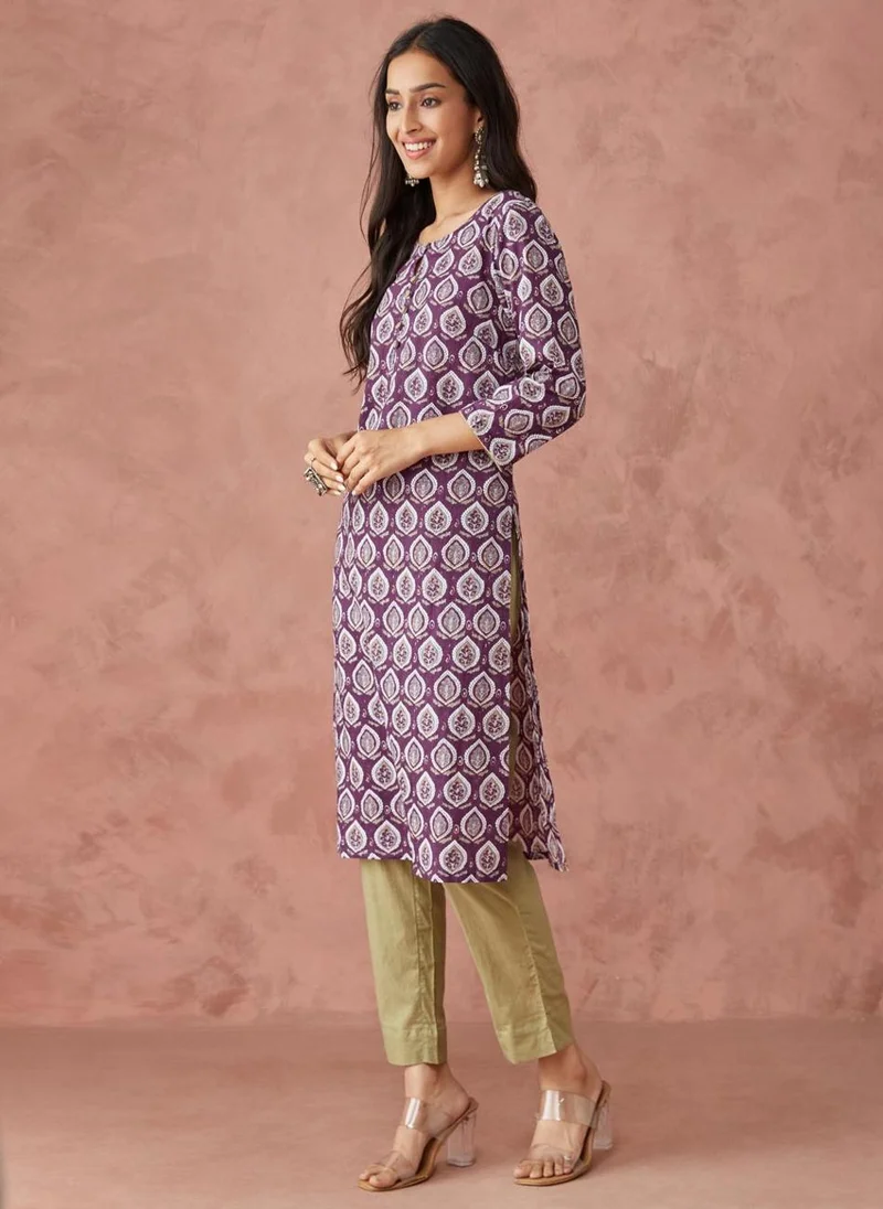 Fabindia Purple Cotton Printed Pant & Kurta