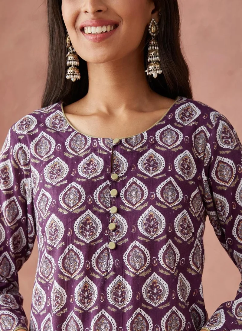 Fabindia Purple Cotton Printed Pant & Kurta