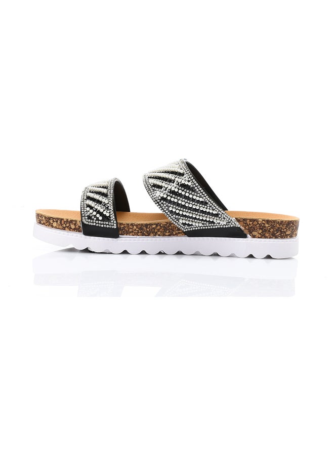 DejaVu Double Strap Embellished Slippers - Black & White - Image 3