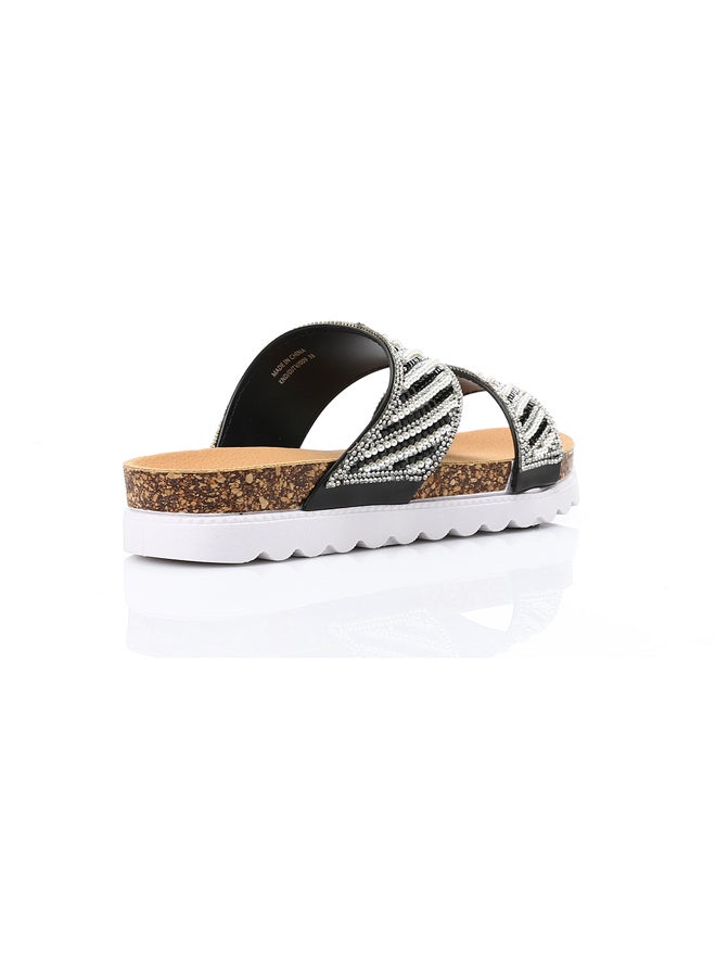 DejaVu Double Strap Embellished Slippers - Black & White - Image 2