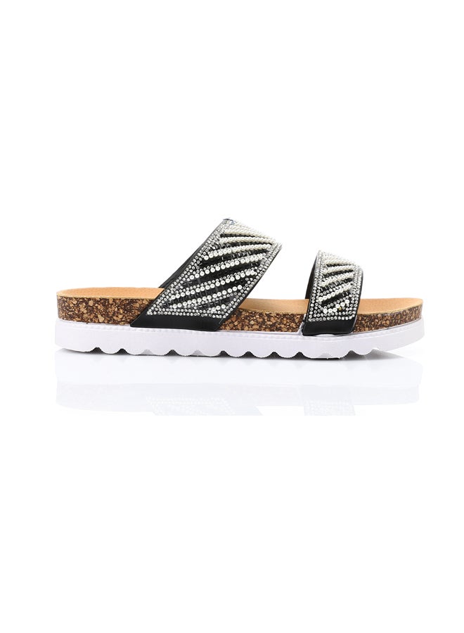 DejaVu Double Strap Embellished Slippers - Black & White - Image 1