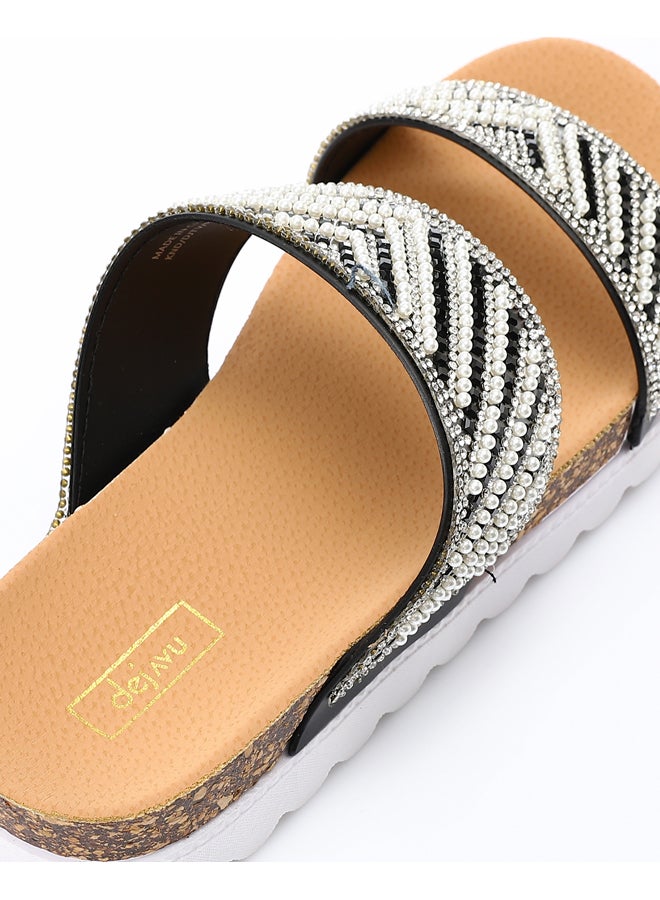 DejaVu Double Strap Embellished Slippers - Black & White - Image 4
