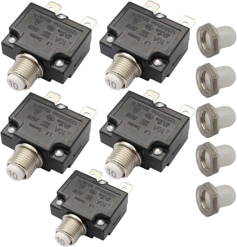 T Tocas 5pcs Push Button Reset 10A Circuit Breakers with Quick Connect Terminals and Waterproof Button Cap - Image 1