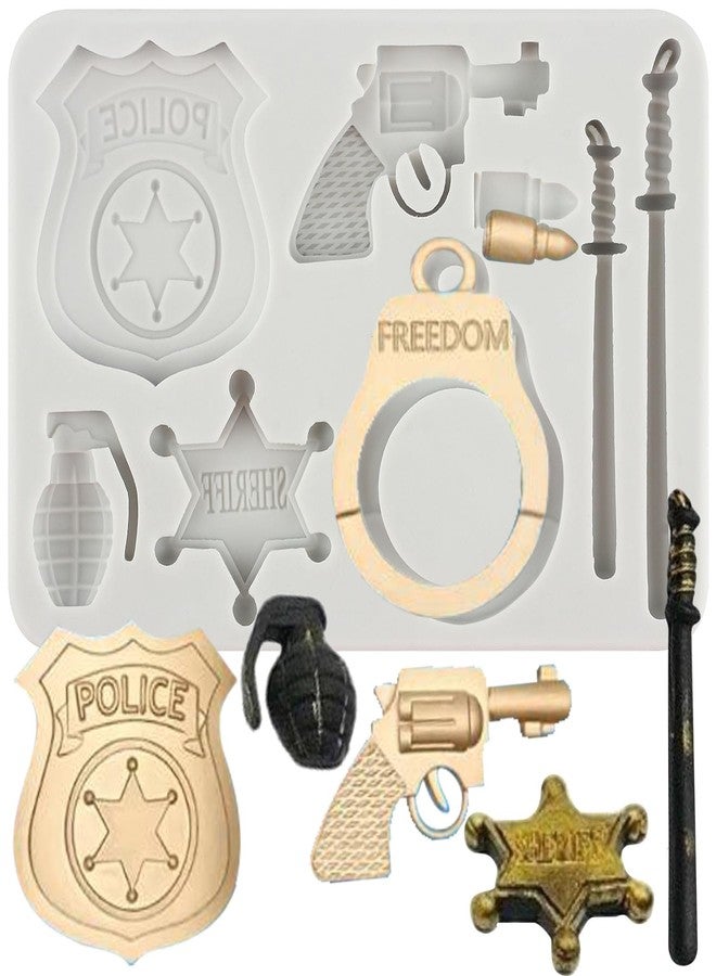 QDMOLDS Policeman Set Silicone Mold Police Badge Handcuffs Sheriff Revolver Gun Bullet Fondant Molds for Cake Decorating Cupcake Topper Candy Chocolate Polymer Clay Gum Paste - Image 1