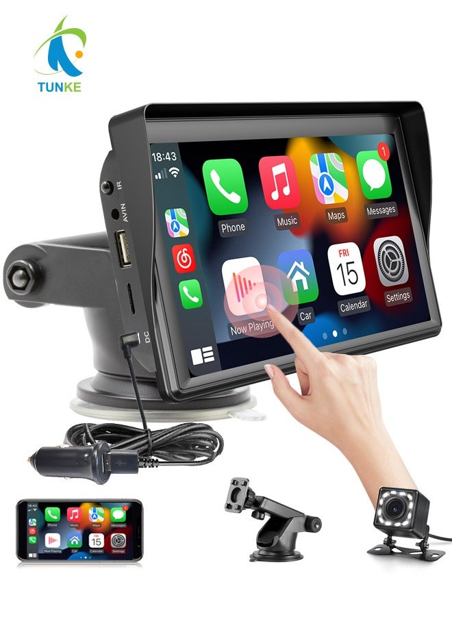 تونكي - راديو سيارة محمول بشاشة لمس 7 إنش، يدعم Apple CarPlay اللاسلكي وAndroid Auto، مع شاشة كار بلاي للراديو في السيارة، بلوتوث للمكالمات بدون استخدام اليدين، وصلة مرآة (Mirror Link)، تحكم صوتي، راديو FM، مدخل بطاقة TF، USB، جهاز تحكم عن بعد، وكاميرا. - Image 1