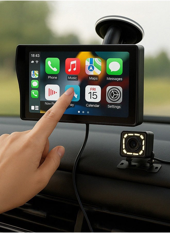 تونكي - راديو سيارة محمول بشاشة لمس 7 إنش، يدعم Apple CarPlay اللاسلكي وAndroid Auto، مع شاشة كار بلاي للراديو في السيارة، بلوتوث للمكالمات بدون استخدام اليدين، وصلة مرآة (Mirror Link)، تحكم صوتي، راديو FM، مدخل بطاقة TF، USB، جهاز تحكم عن بعد، وكاميرا. - Image 1