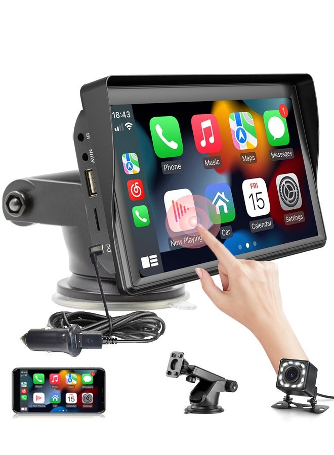 راديو سيارة محمول بشاشة لمس 7 إنش، يدعم Apple CarPlay اللاسلكي وAndroid Auto، مع شاشة كار بلاي للراديو في السيارة، بلوتوث للمكالمات بدون استخدام اليدين، وصلة مرآة (Mirror Link)، تحكم صوتي، راديو FM، مدخل بطاقة TF، USB، جهاز تحكم عن بعد، وكاميرا. - Image 1