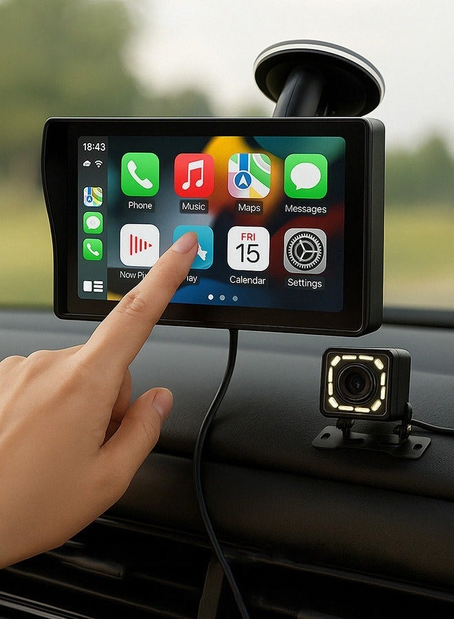 راديو سيارة محمول بشاشة لمس 7 إنش، يدعم Apple CarPlay اللاسلكي وAndroid Auto، مع شاشة كار بلاي للراديو في السيارة، بلوتوث للمكالمات بدون استخدام اليدين، وصلة مرآة (Mirror Link)، تحكم صوتي، راديو FM، مدخل بطاقة TF، USB، جهاز تحكم عن بعد، وكاميرا. - Image 2