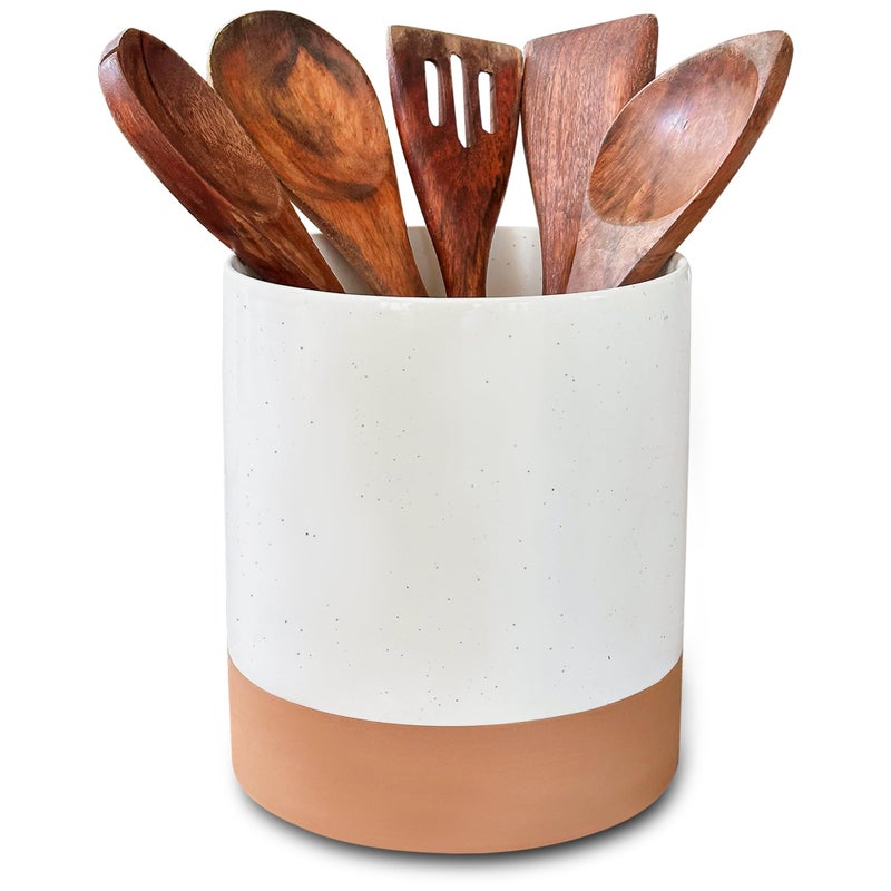 Mora Ceramic Kitchen Utensil Holder - Wooden Spoon & Spatula Crock for Countertop, Modern Farmhouse Home Decor, Extra Large 7.3" Cooking Organizer for Stove Top and Counter - Heavy & Sturdy - Vanilla - Image 1