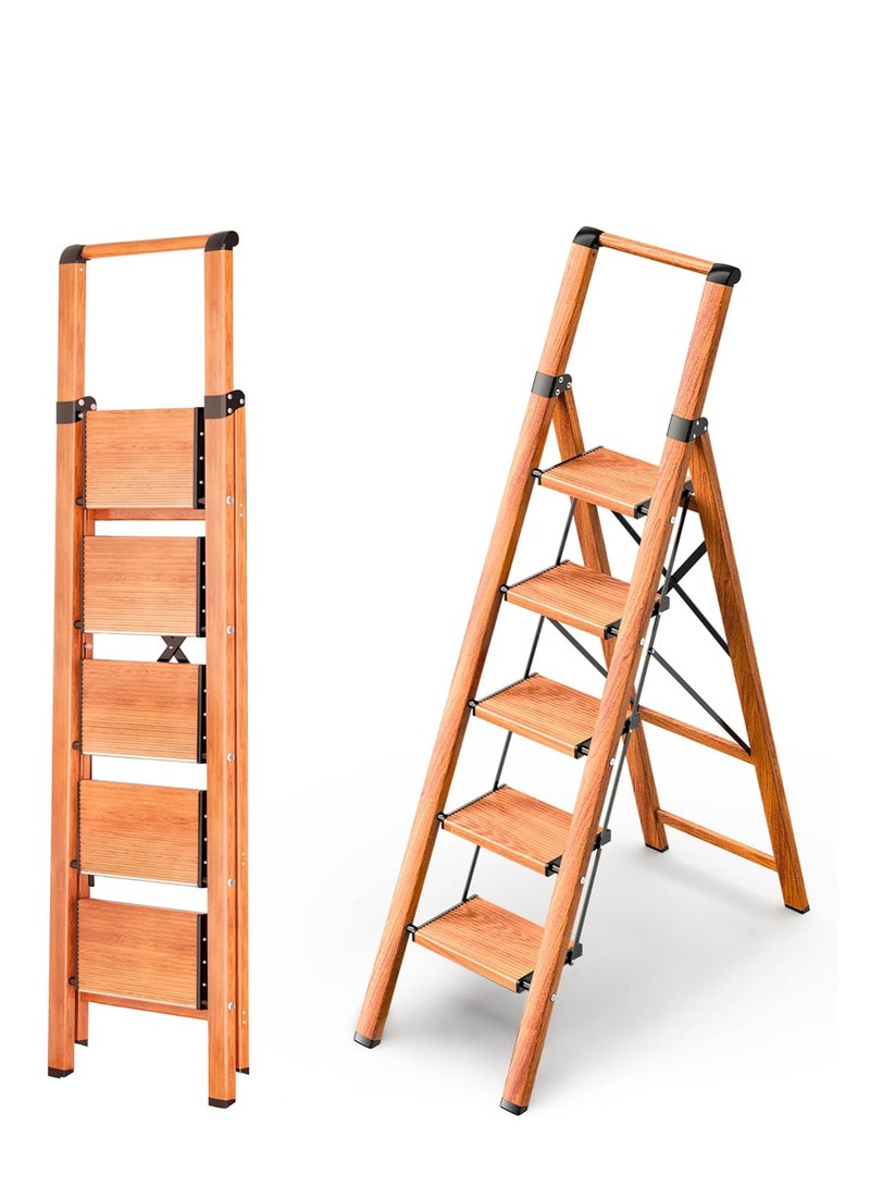 ROBUSTLINE 5 Step Ladder,Folding Step Stool W/Portable Handle for Home,Office,Kitchen, Garden Aluminum Lightweight Step Stool with Anti-Slip Sturdy Pedal Ladders, Woodgrain, 330 lbs Capacity  - Image 1