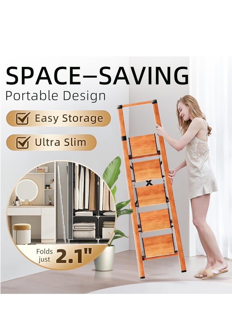 ROBUSTLINE 5 Step Ladder,Folding Step Stool W/Portable Handle for Home,Office,Kitchen, Garden Aluminum Lightweight Step Stool with Anti-Slip Sturdy Pedal Ladders, Woodgrain, 330 lbs Capacity  - Image 3