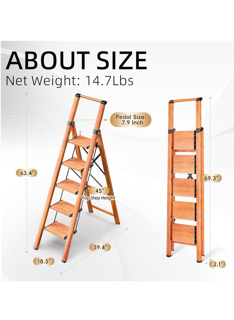 ROBUSTLINE 5 Step Ladder,Folding Step Stool W/Portable Handle for Home,Office,Kitchen, Garden Aluminum Lightweight Step Stool with Anti-Slip Sturdy Pedal Ladders, Woodgrain, 330 lbs Capacity  - Image 4