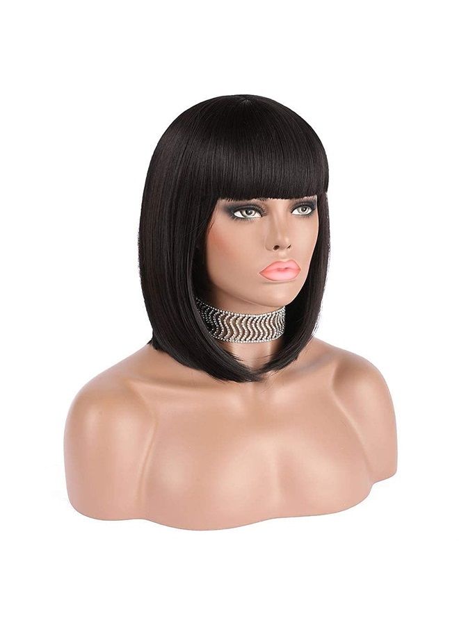 eNilecor Short Black Bob Wigs, 12" Straight with Flat Bangs Synthetic Colorful Cosplay Daily Party Wig for Women Natural As Real Hair+ Free Wig Cap (Black) - Image 1
