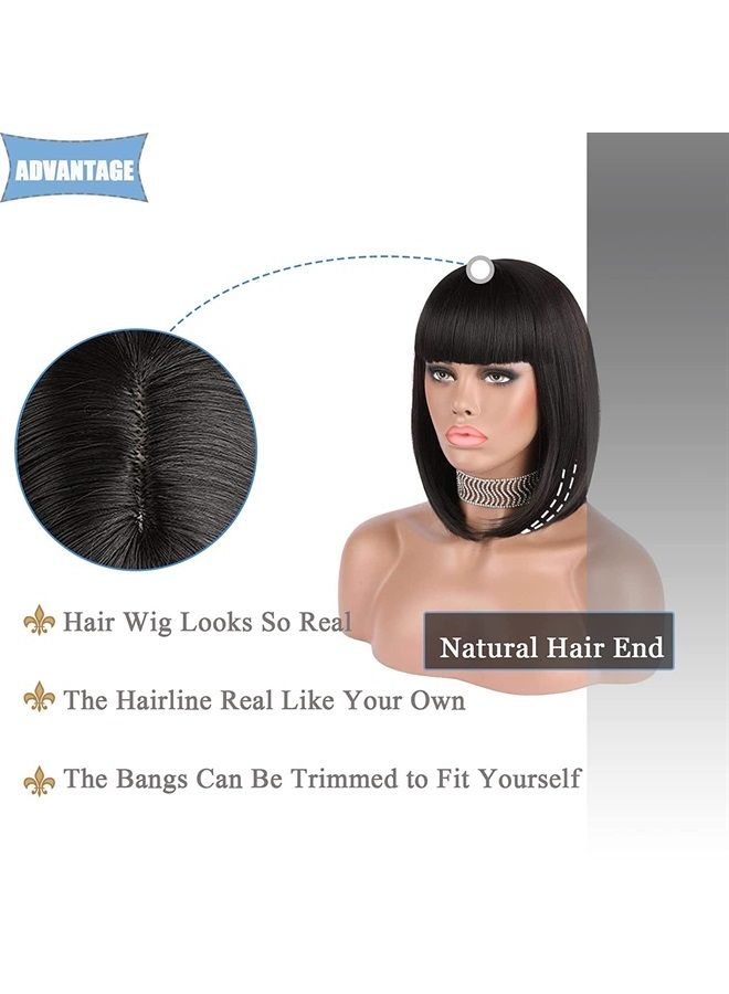 eNilecor Short Black Bob Wigs, 12" Straight with Flat Bangs Synthetic Colorful Cosplay Daily Party Wig for Women Natural As Real Hair+ Free Wig Cap (Black) - Image 3