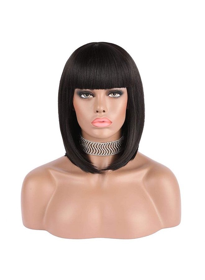 eNilecor Short Black Bob Wigs, 12" Straight with Flat Bangs Synthetic Colorful Cosplay Daily Party Wig for Women Natural As Real Hair+ Free Wig Cap (Black) - Image 5