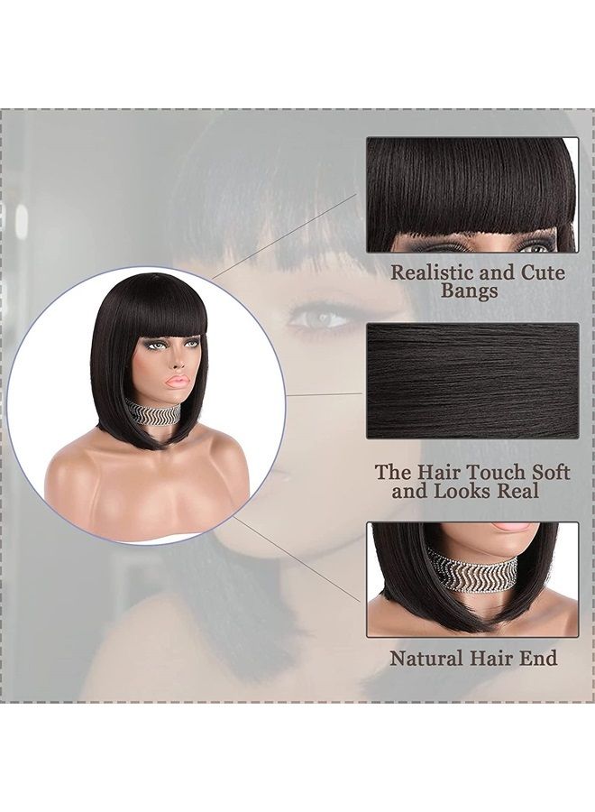 eNilecor Short Black Bob Wigs, 12" Straight with Flat Bangs Synthetic Colorful Cosplay Daily Party Wig for Women Natural As Real Hair+ Free Wig Cap (Black) - Image 2
