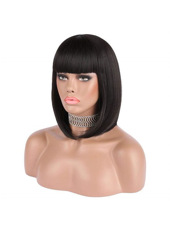 eNilecor Short Black Bob Wigs, 12" Straight with Flat Bangs Synthetic Colorful Cosplay Daily Party Wig for Women Natural As Real Hair+ Free Wig Cap (Black) - Image 4