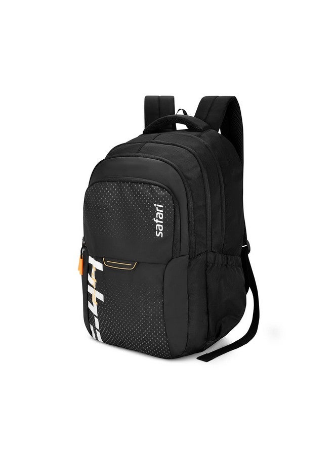 Safari حقيبة مدرسية سفاري فيرج 37 لتر للأولاد والبنات، حقيبة ظهر مطبوعة غير رسمية بثلاثة أقسام مع قاعدة درع، غطاء مطر، حامل ملفات، حامل زجاجة ومنظم، حقيبة كلية للرجال والنساء، لون أسود - Image 1