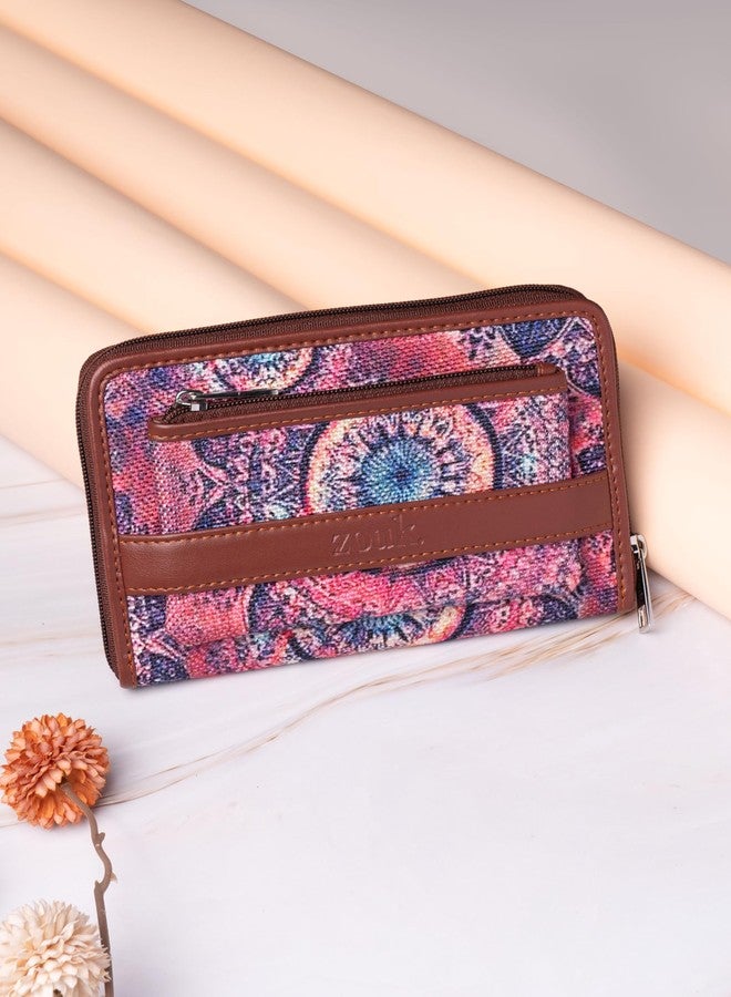 ZOUK محفظة زوك النسائية الكلاسيكية المصنوعة يدويًا من الجلد النباتي والجوت، بنقشة شاكرا الفضاء، مع جيب للهاتف المحمول - متعددة الألوان - Image 2