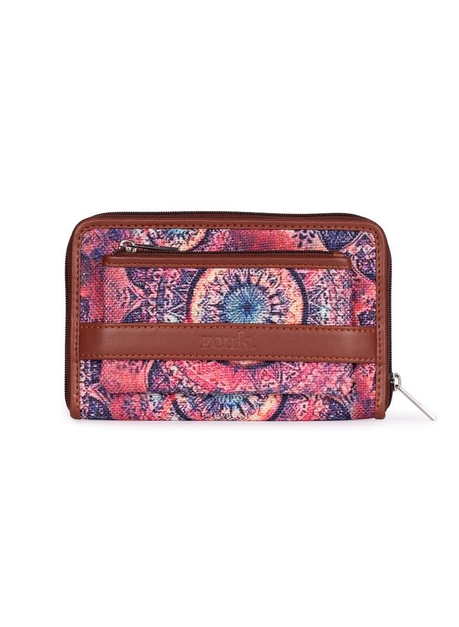 ZOUK محفظة زوك النسائية الكلاسيكية المصنوعة يدويًا من الجلد النباتي والجوت، بنقشة شاكرا الفضاء، مع جيب للهاتف المحمول - متعددة الألوان - Image 1