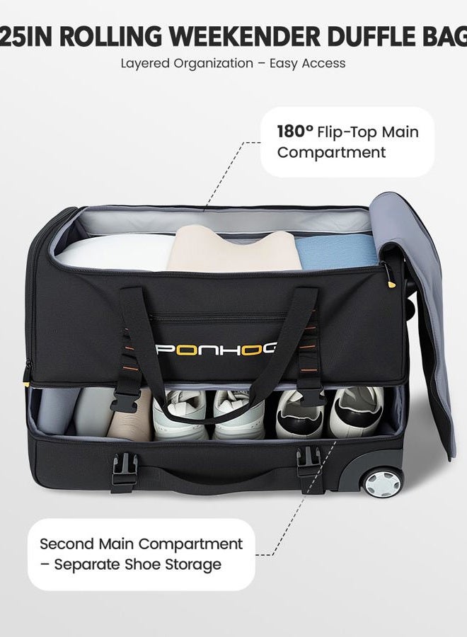 Ponhog Wheeled Duffle Bag - Travel Holdall Bag with Wheels,Water Resistant for Overnight Trip Weekender, Black, Medium - 25" (H65 x L34 x W31 cm) - Image 2