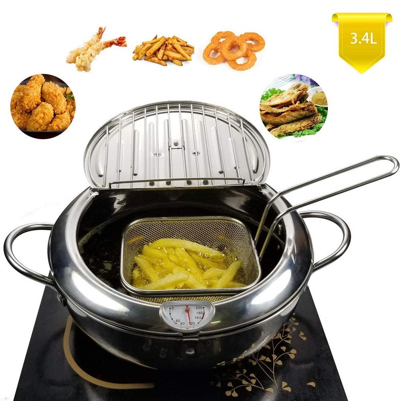 TIYOORTA Mini deep fry pan with basket draining rack Stainless steel Fryer pot with Thermometer for Chicken French Fries Fish onion ring
